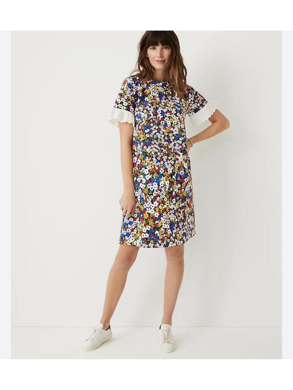 Ann Taylor 100% Cotton Floral Eyelet Ruffle Sleeves Shift Dress Size Small